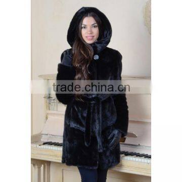 emk1442 black hood mink fur coat and belt