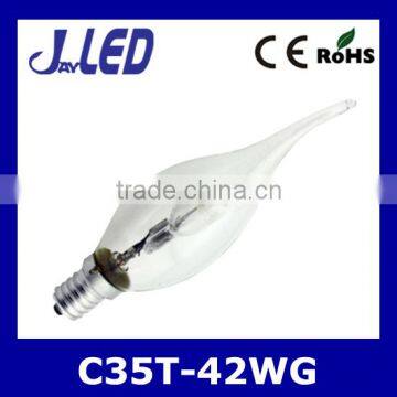 High power pass CE ROHS 42w glass body c35 halogen bulb with tail e14
