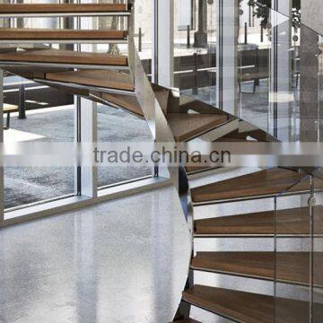 Custom Double Stringer Wood Tread Curved Stair With Stainless Steel Stringer