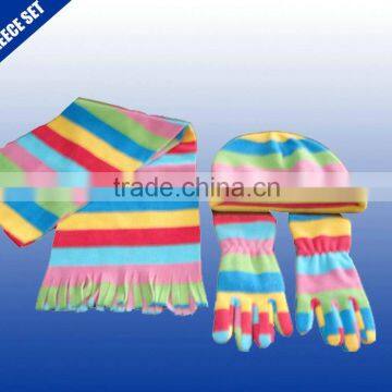 Popular design stripe colorful pattern winter fleece scarf hat gloves sets