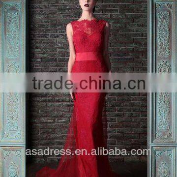 2014 New Fashion Lace Mermaid Gown With Sash Red Shawls for Evening Dress(EVRK-1006)