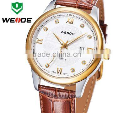 Luxury Brand Gold Military Genuine Leather Rhinestone Quartz Man Watch WEIDE 93008R