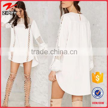 2016 Latest Design Long Sleeves Ladies Crochet Trim White Tunic Dress