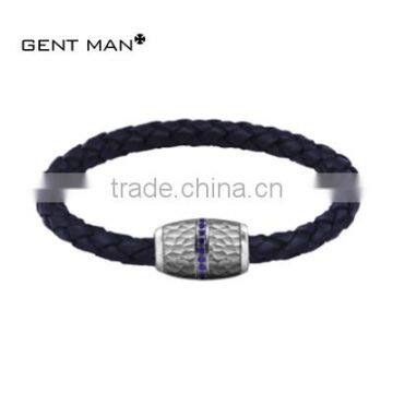 Latest popular men stainless steel navy leather bracelet, blue cz stone inlay on the hammer steel clasp