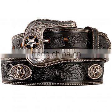 Men western floral emboss cowhide leather rodeo star concho belt