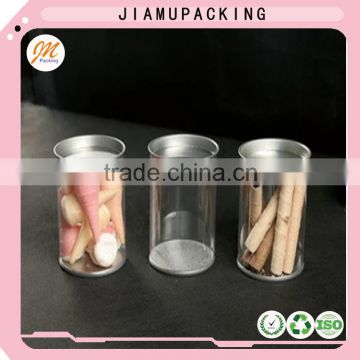 clear plastic PET round cylinder tin box container with metal lid