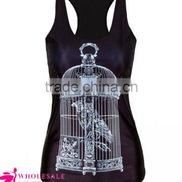 2015 Newest Women's Black Stringer Tank Top Bird in the Cage Printed Tank Tops Wholesale