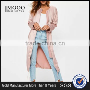 MGOO 2017 New Arrival Long Sleeves Custom Silky Duster Coat Women Pink Zip Up Jackets Spring Satin Blazers