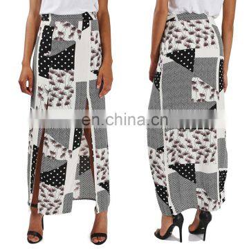 Fashion style hip package two side split print straight splicing long lady skirt