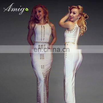 Amigo 2017 new design white sleeveless high slit heavy beaded sexy bandage dress maxi expensive evening dresses for women party