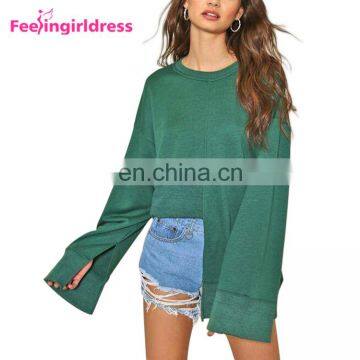 Latest Design Stylish Autumn Blouse Women Blank Solid Color Crew Neck Sweatshirt