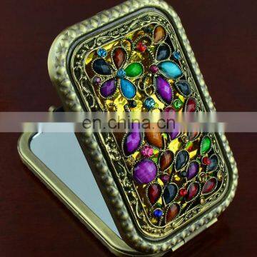 Bronze Metal Jeweled Square Pocket Makeup Mirror