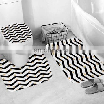 I@home Modern Bathroom Polyester Black and White Stripe Shower Curtain and Rug Set Print
