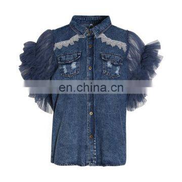 TWOTWINSTYLE Mesh Patchwork Women For Denim Jacket Sleeveless Button Big Size Female Tops