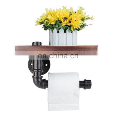 Bathroom accessories Industrial Toilet Paper Holder with Wood Shelf Metal Wall Storage Iron Pipe Towel Holder Tissue Roll Hanger