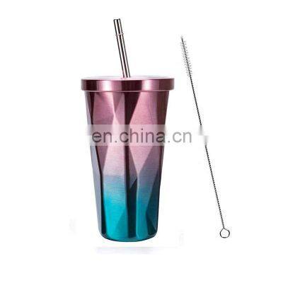 Irregular Diamond Double Wall Drinking Cups Coffee Mugs 16oz Stainless Steel Tumbler with Straw