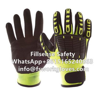 High Visable Cut and Impact Resistant UHMWPE(HPPE) Liner Nitrile Sandy Coated TPR Anti Impact Gloves Anti Vibration Gloves