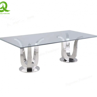 Modern Living Room Furniture Stainless Steel Metal Dining Table With Glass Top For Home Hotels