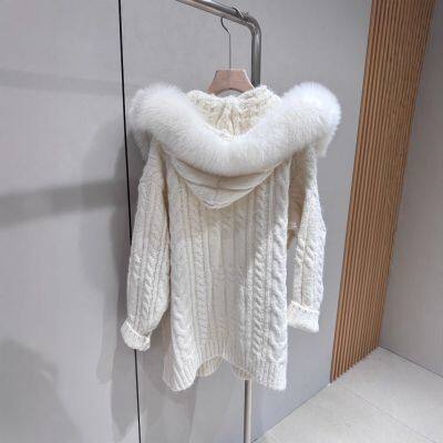 Snow Rabbit Spirit Fox Fur Collar Detachable Fur Coat Knitted Cardigan Fried Dough Twists Medium Long Hooded Korean Version Thickened photo-2