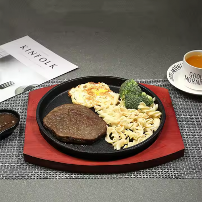 High Quality Cooking Cookware Round 19/21/23/25/27/29 cm Cast Iron Steak Plate Sizzling Grill Pan Wooden Tray Set photo-4