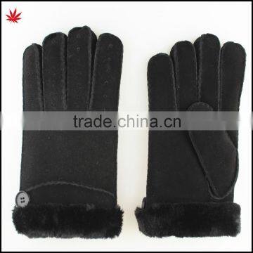 Ladies Double Face Sheepskin Leather Gloves With Button and Fake Fur photo-2