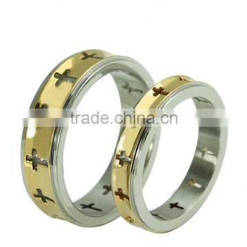 Stainless steel wedding ring with Cross Pattern and gold plating