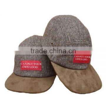 custom cotton linen fabric suede brim leather patch 5 panel cap