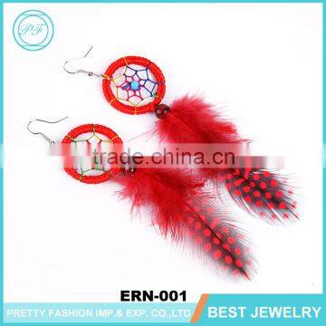 China Yiwu Modern Fashion Various Colors Feather Dream Catcher Earrings With 14k Gold Chains