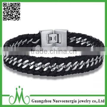 Stainless Steel Chain Interwoven Braided PU Leather Mix Warp Bracelet with Mens Steel Clasp