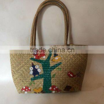 Natural seagrass straw beach handmade bag with painting made in Vietnam