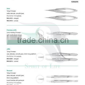 Sinskey Tying Forceps, Anis Tying Forceps, Freeman-Jaffe Lens Holding Forceps with groove, Jaffe Tennant Tying Forceps