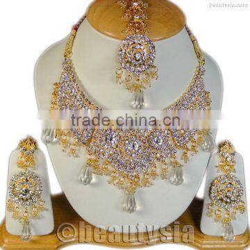 Bollywood Stunning White Fashion Necklace Earrings Mangtikka Jewelry Set S207