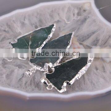 Silver Plated Edged Jasper Gem Stone Druzy Pendant, Green Arrow Pendant, For Jewelry Making