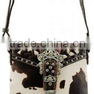 Wholesale Rhinestone Buckle Design Cow Print Brown Sling Purse