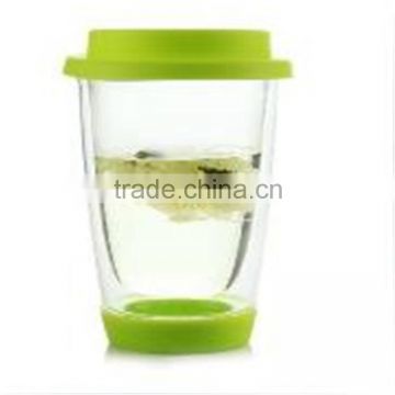 Pure mouth blowing high borosilicate heat-resistant 350ml glass cup with plastic lid and bottom