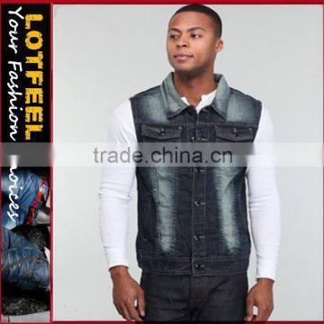 Black denim jeans jacket denim jacket without sleeve wholesale denim jacket men(LOTJ289)