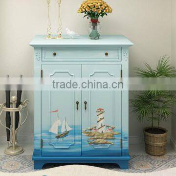 Mediterranean Style Shoe Cabinet, Sailing Boat Handpainting Shoe Rack, Living Room Solid Wood Shoe Cabinet (BF01-X1147)