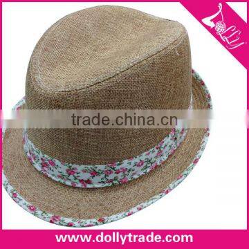 Beige Cheap Promotion Floral Lady Paper Straw Fedora Hat with Flower Ribbon