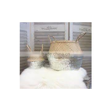 Silver Sequin Belly Basket, Seagrass Dipped Bottom Basket, Folding Basket photo-2