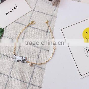 Enamel Cat Catching the Ball Bracelet Metal Cat Pearl Bead Charm Gold Chain Bracelet