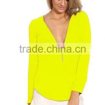 Deep Zipper V Neck Women Blouses Sexy Chiffon Women Shirt Tops