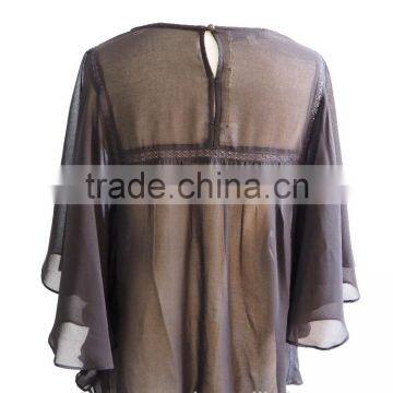 Sexy Chiffon Fluffy Bat Sleeve With Floral Embroidery Design Ladies Blouse Top photo-2