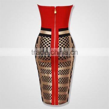 2015 Top Quality Stripless Red And Gold Joining Together Celebrity Bodycon Fashion Dresses Elegant Evening Sexy Dress photo-3