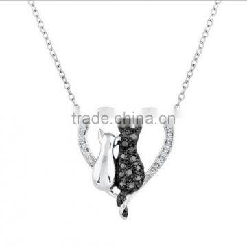 Unique Design Brass Cubic Zirconia Black&White Cat Heart Shape Pendant Couple Necklace