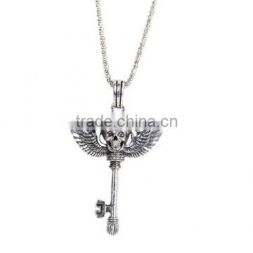 Jewelry Chain Necklace Key Skull Halloween Pendant Antique Silver Clear Cubic Zirconia 69cm