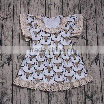 Fashion Popular Flutter Sleeve Dresses for Kids Girls Wholesale Bull Print ox Horn Party Wear Dress Cute Skirts Factory Boutique