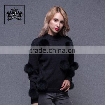 2017 Made korean woollen cashmere sweater for women with fox fur pom pom