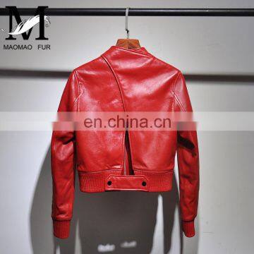 2017 Slim Red Leather Jacket Design Motorcycle Leather Ladies Short Jacket