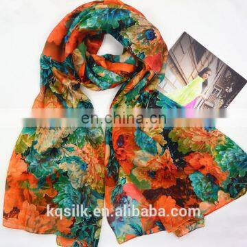 Big flower printing 100% silk shawl long paj ladies neck scarf types