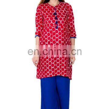 Designer Cotton Tunic Red Color 3/4 Sleeve A Line Tassels On Front Net Designs Kurtis Manufacturer Jaipur India